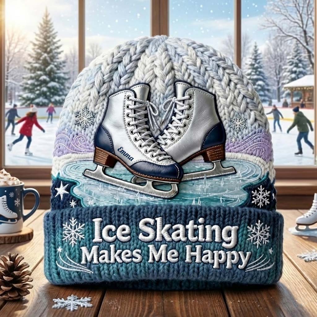 Ice Skating Makes Me Happy - Personalized Ice Skating Beanie Hat