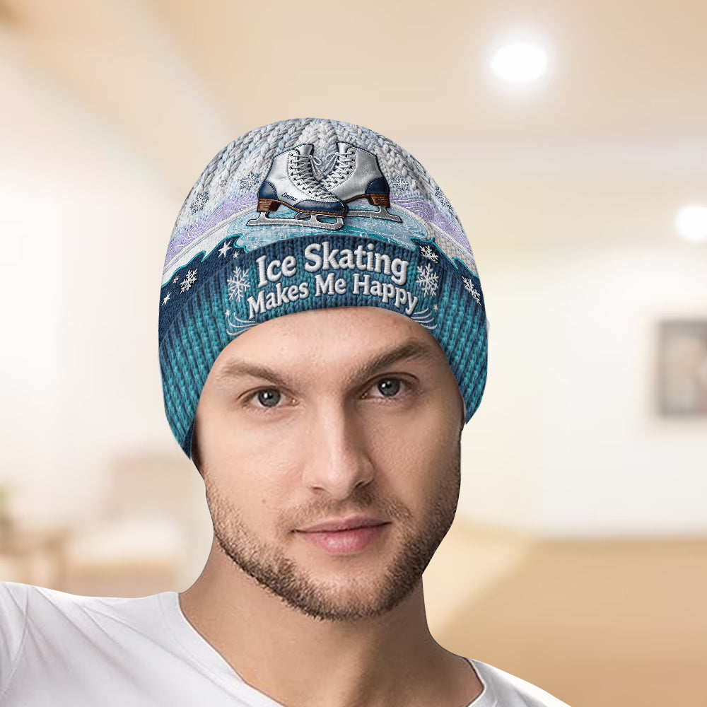 Ice Skating Makes Me Happy - Personalized Ice Skating Beanie Hat