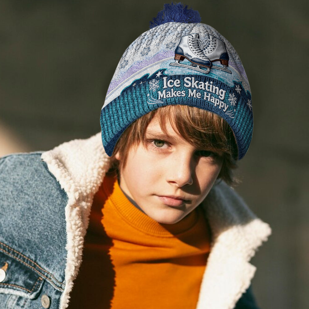 Ice Skating Makes Me Happy - Personalized Ice Skating Beanie Hat