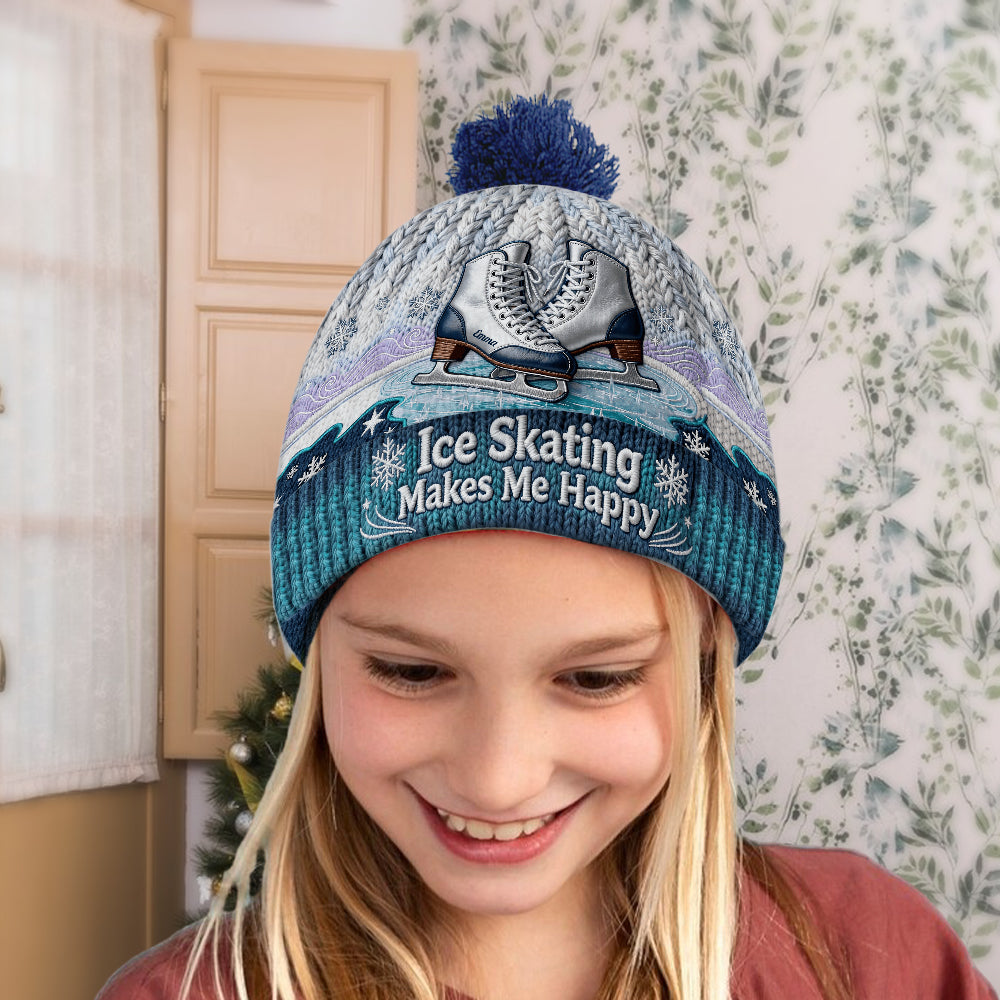 Ice Skating Makes Me Happy - Personalized Ice Skating Beanie Hat