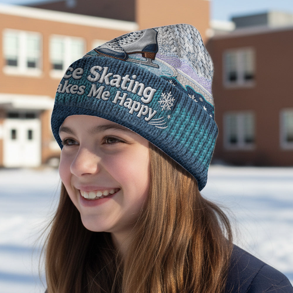 Ice Skating Makes Me Happy - Personalized Ice Skating Beanie Hat