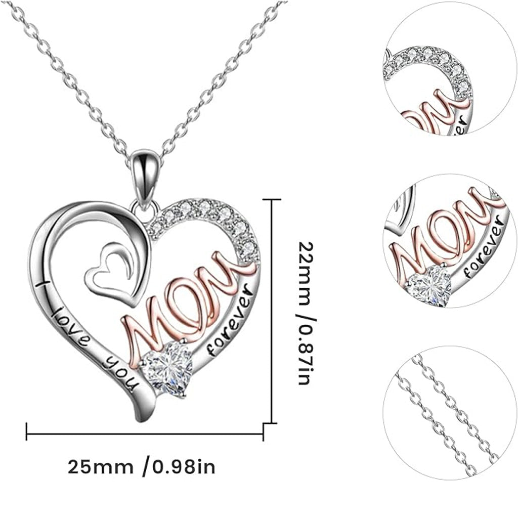 I Love You Mom Necklace Heart Pendant Rhinestone Jewelry with Box Gifts for Mom