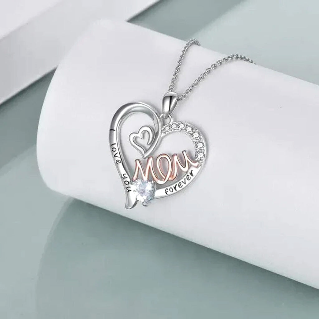 I Love You Mom Necklace Heart Pendant Rhinestone Jewelry with Box Gifts for Mom
