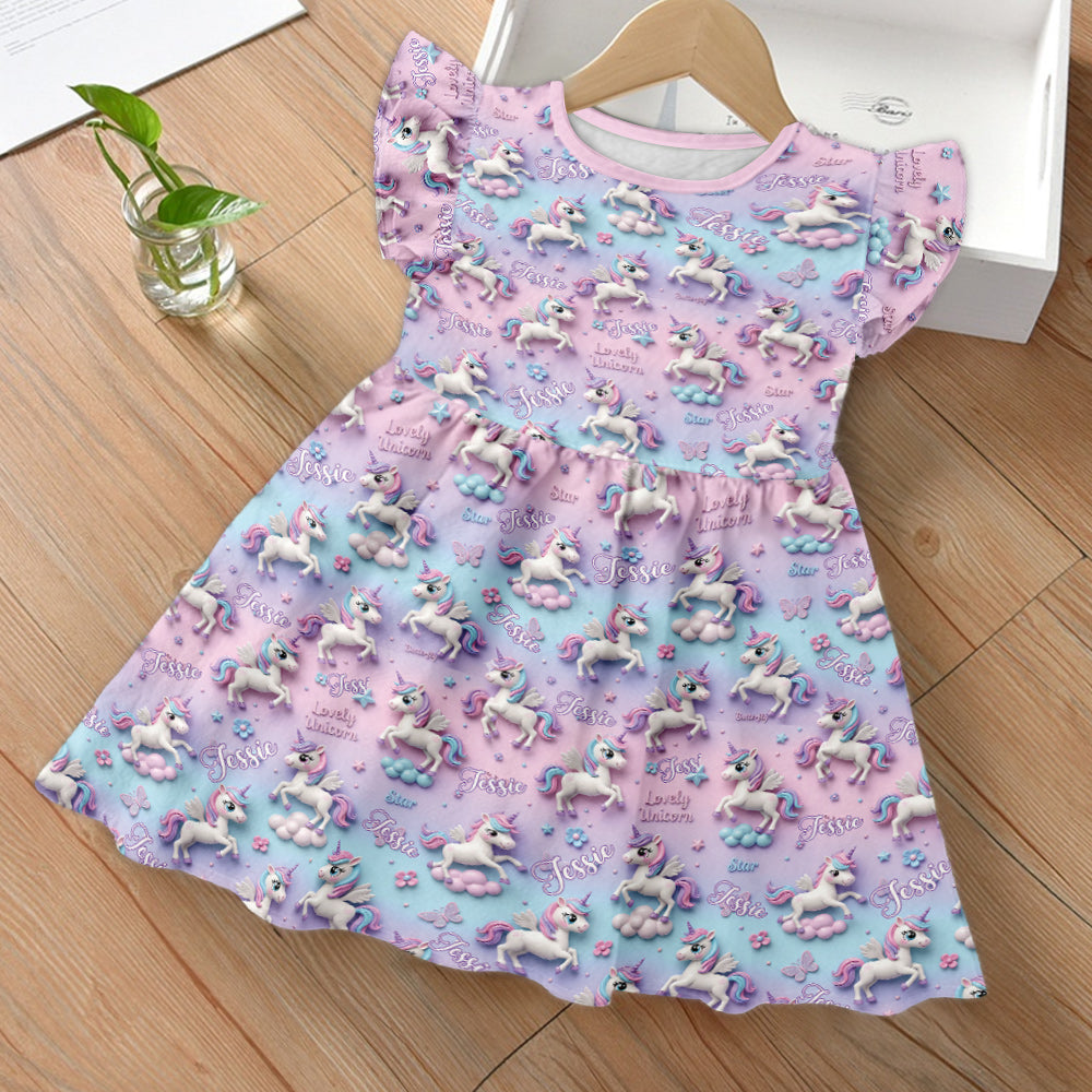 Kid Unicorn - Personalized Kid Ruffle Sleeve Dress