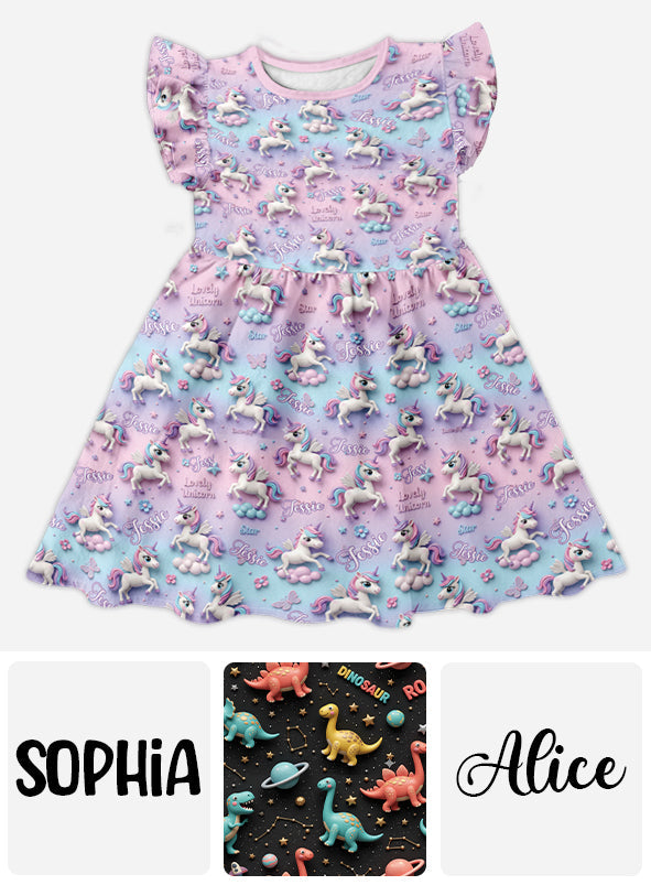 Kid Unicorn - Personalized Kid Ruffle Sleeve Dress