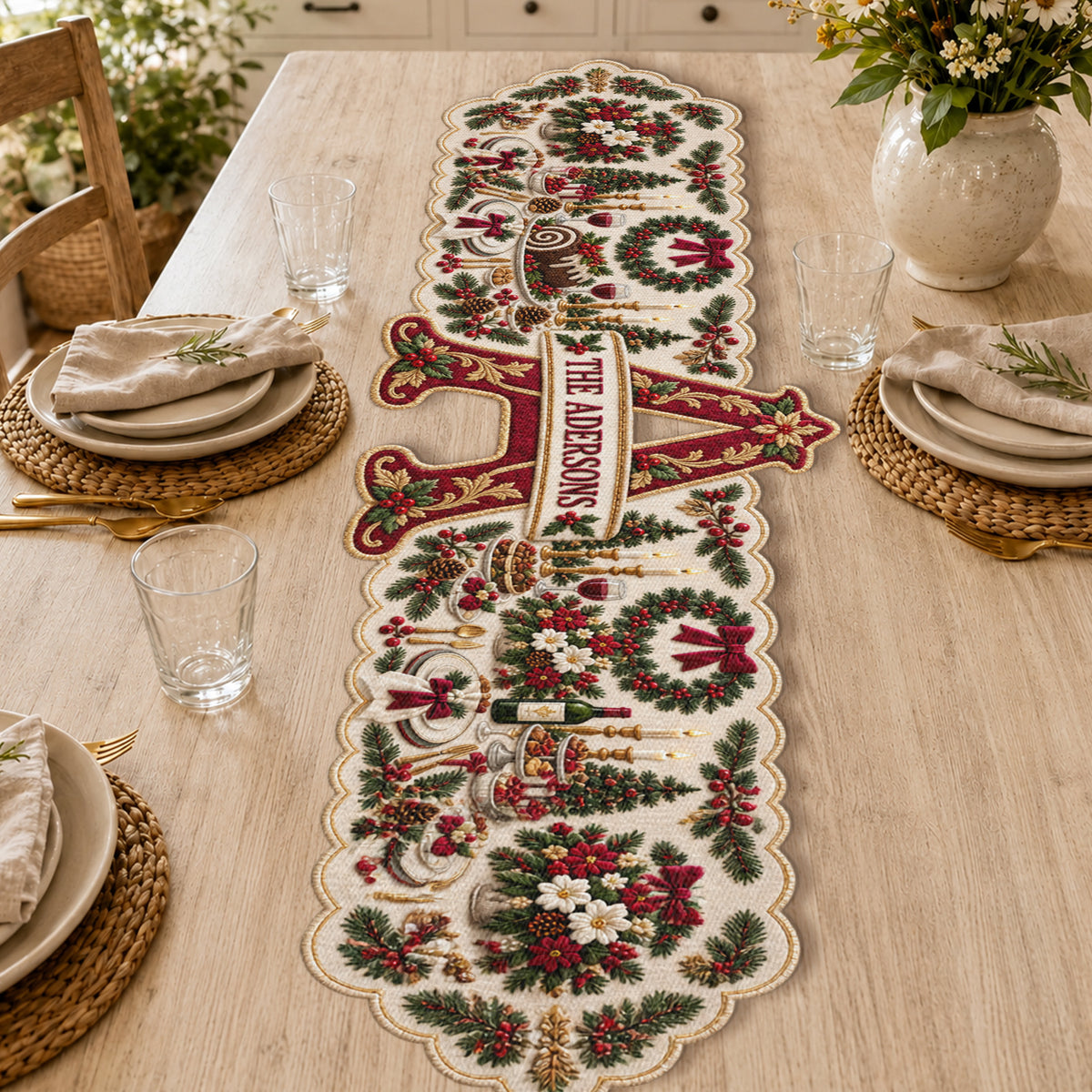 Christmas Initial Table Runner Family Gift - Personalized Family Custom Shape Table Runner