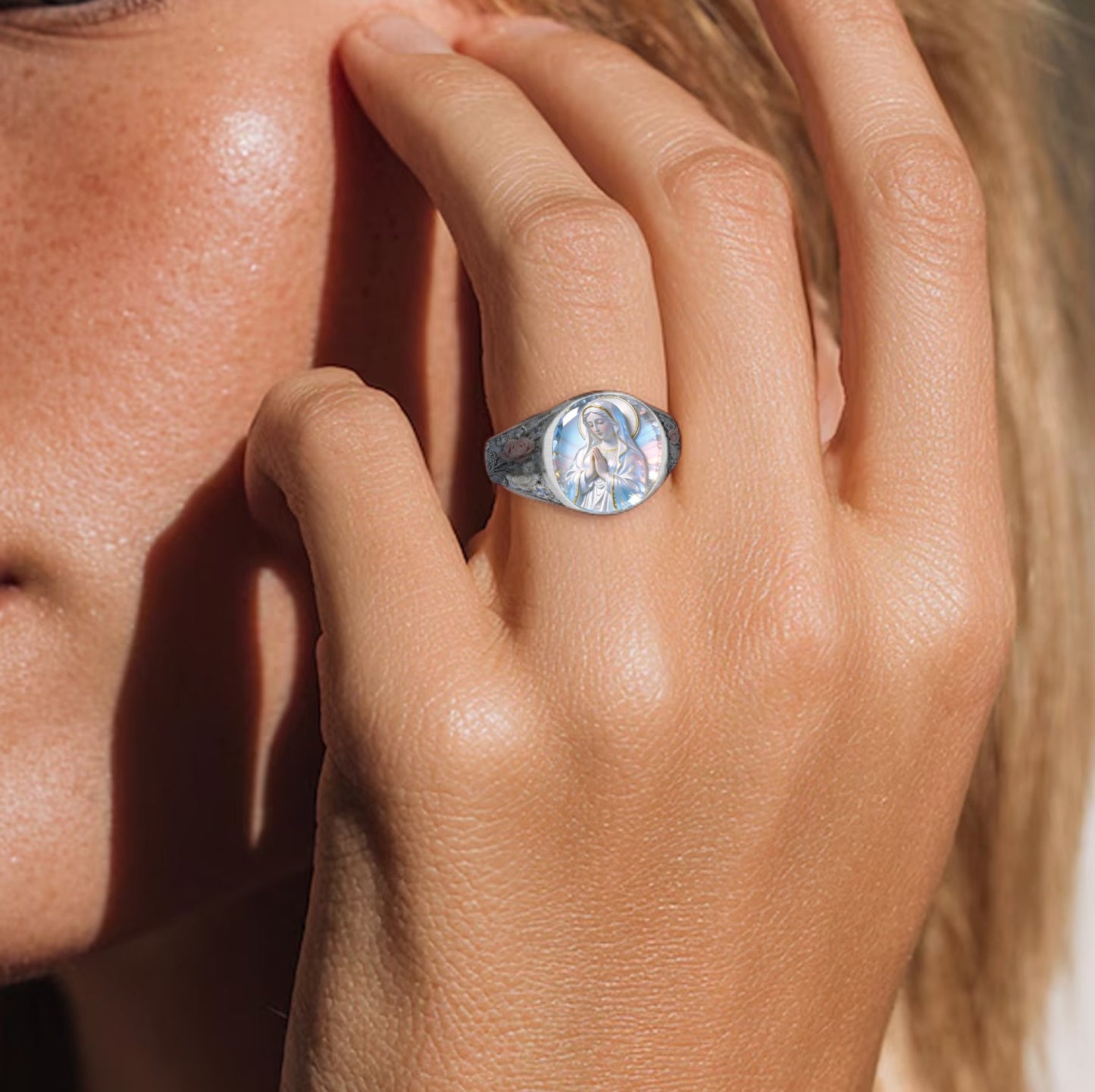 Our Lady's Eternal Glow - Personalized Christian Signet Ring