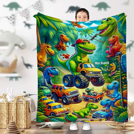 Cozy Dinosour Truck - Personalized Kid Blanket
