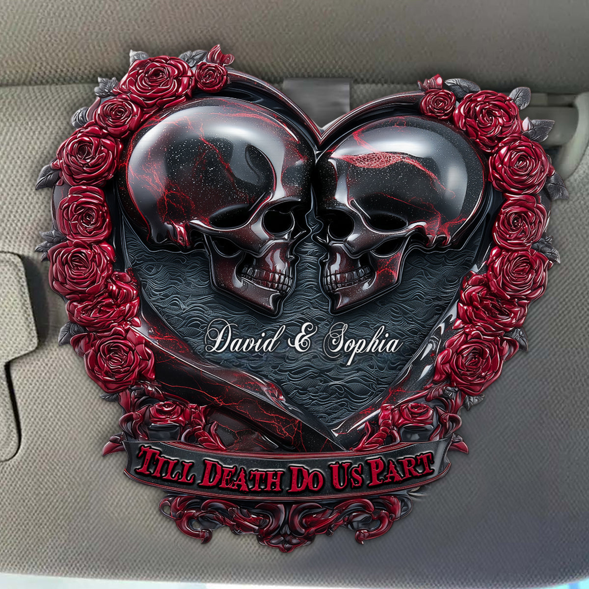 Till Death Do Us Part - Personalized Skull Shaped Car Visor Clip