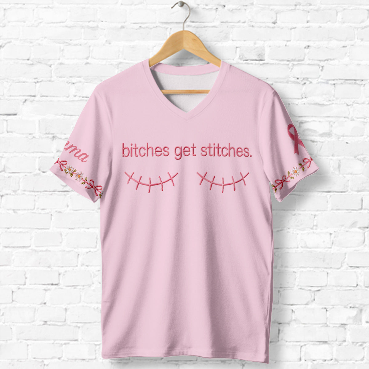 Breast Cancer Awareness, B*tches Get Stitches - Personalized Breast Cancer Awareness Fully Printed V-Neck T-Shirt