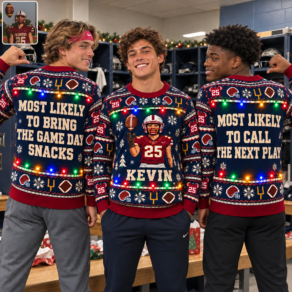 Funny Christmas Light Up Sweater For Family Member, Sisters, Brothers, Friends - Personalized Football Light Up Sweater