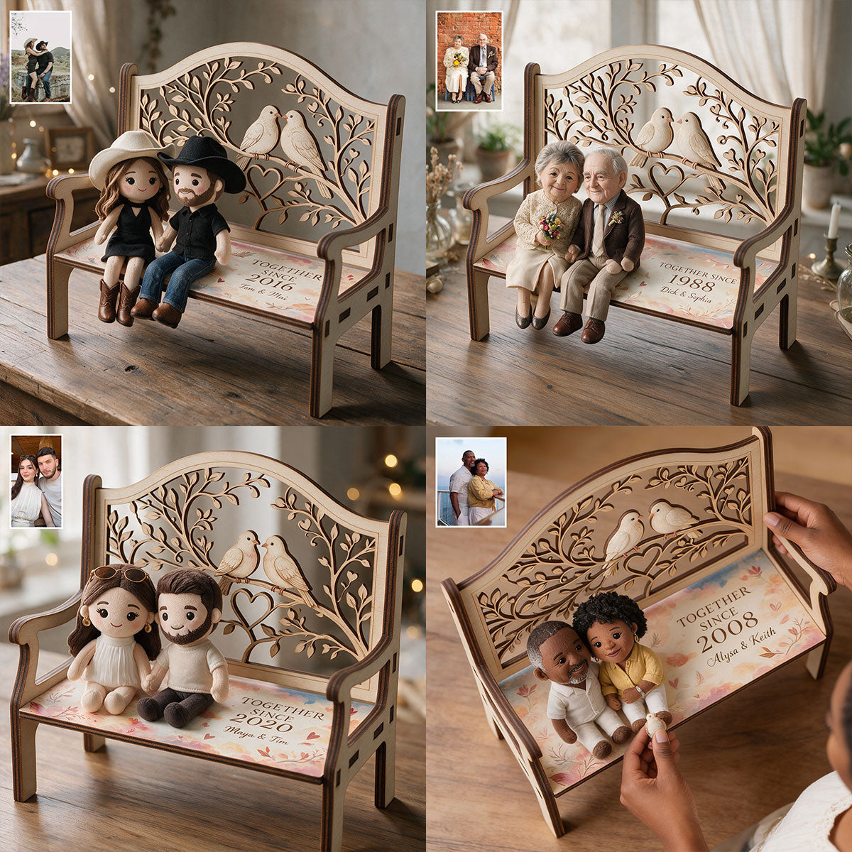 I Love You Forever - Personalized Couple Wooden Bench & Plush Keychain Set