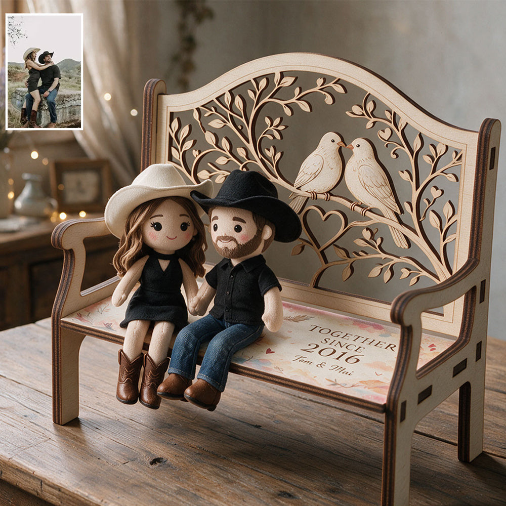 I Love You Forever - Personalized Couple Wooden Bench & Plush Keychain Set