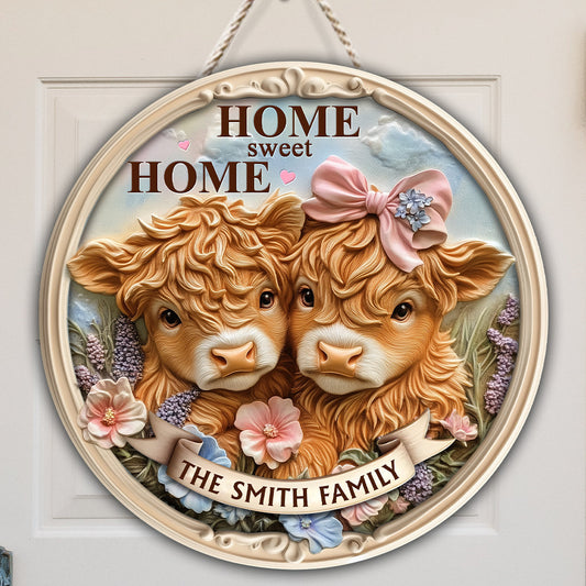 Home Sweet Home, Cute Baby Highland Cow - Personalized Family Round Wood Sign