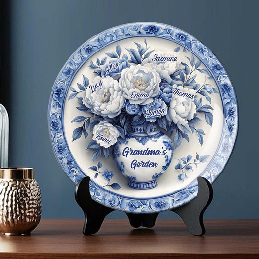 Classic Blue & White Grandma's Flower Garden - Personalized Grandma Ceramic Round Plate