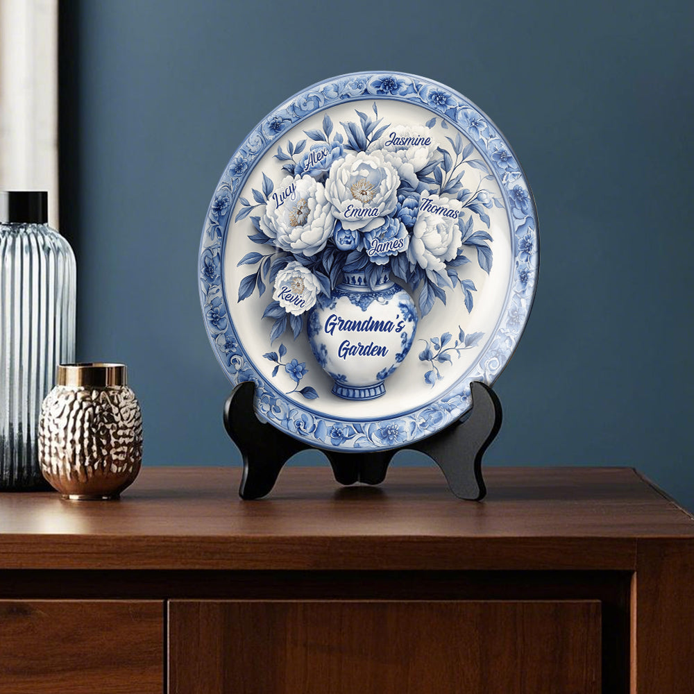 Classic Blue & White Grandma's Flower Garden - Personalized Grandma Ceramic Round Plate