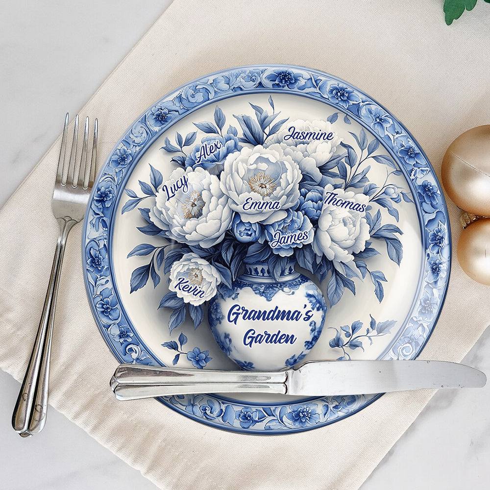 Classic Blue & White Grandma's Flower Garden - Personalized Grandma Ceramic Round Plate