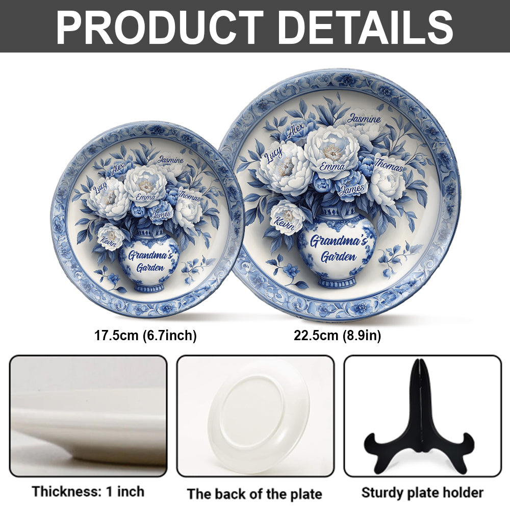 Classic Blue & White Grandma's Flower Garden - Personalized Grandma Ceramic Round Plate