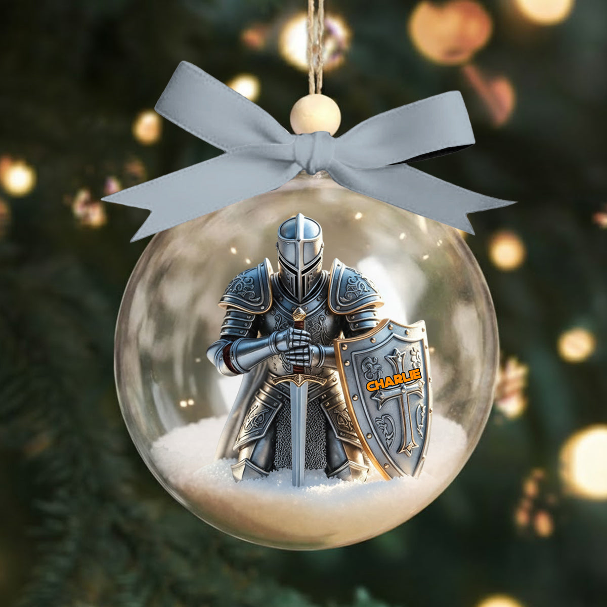 Knight Of God - Personalized Christian Snow Globe Ornament With Bow