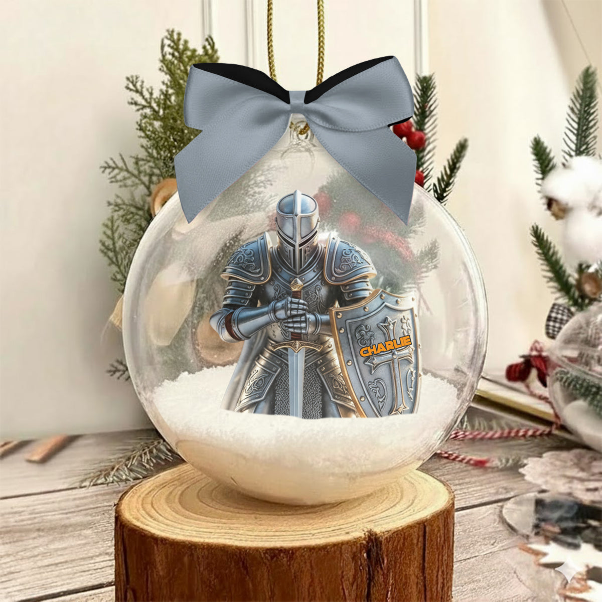 Knight Of God - Personalized Christian Snow Globe Ornament With Bow