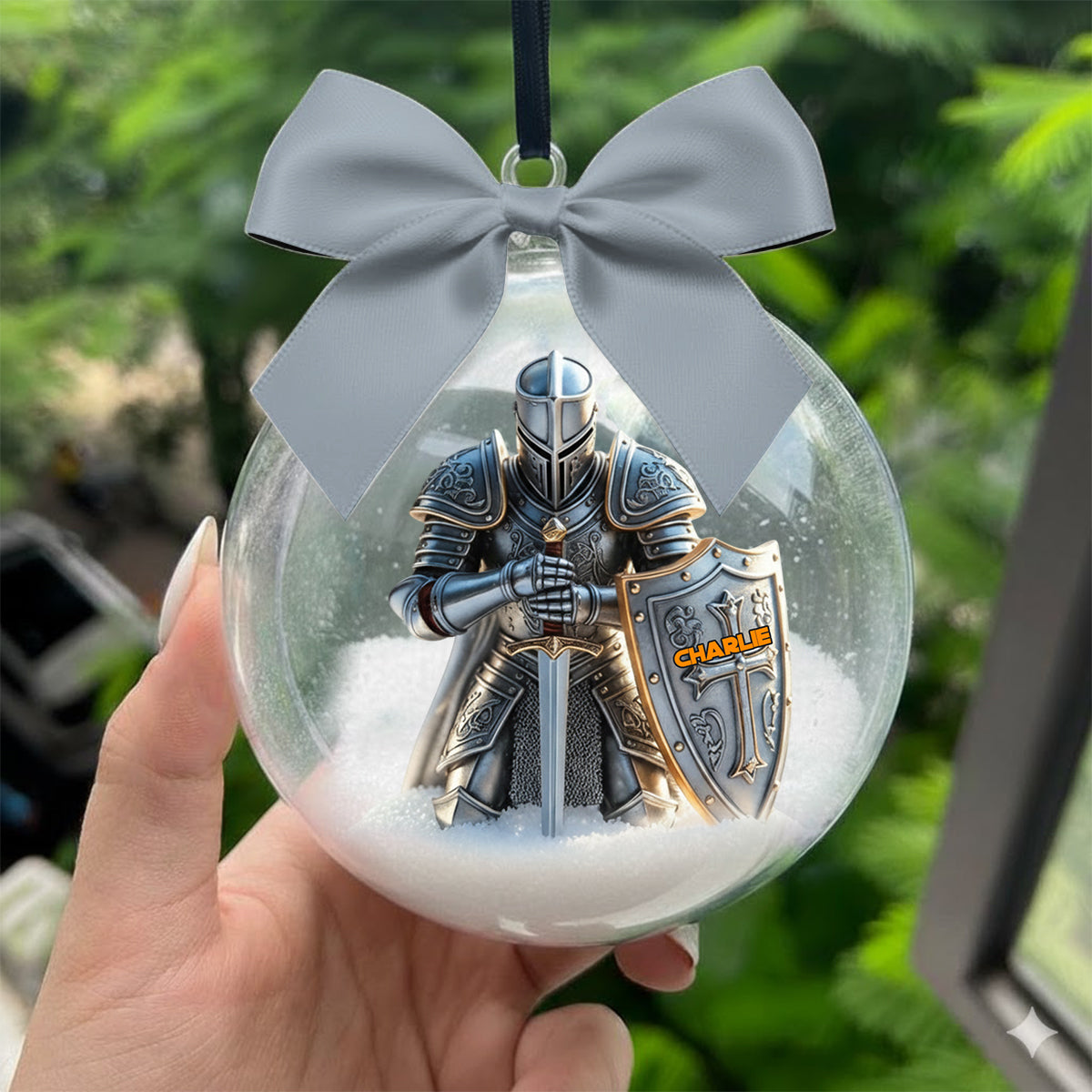 Knight Of God - Personalized Christian Snow Globe Ornament With Bow