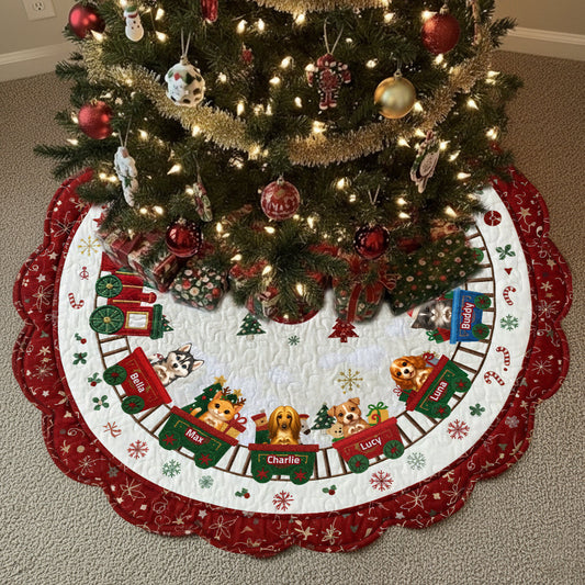 Cute Dog And Cat Christmas Train - Personalized Dog Shaped Tree Skirt