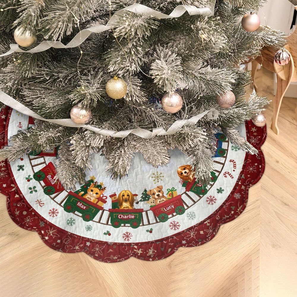 Cute Dog And Cat Christmas Train - Personalized Dog Shaped Tree Skirt