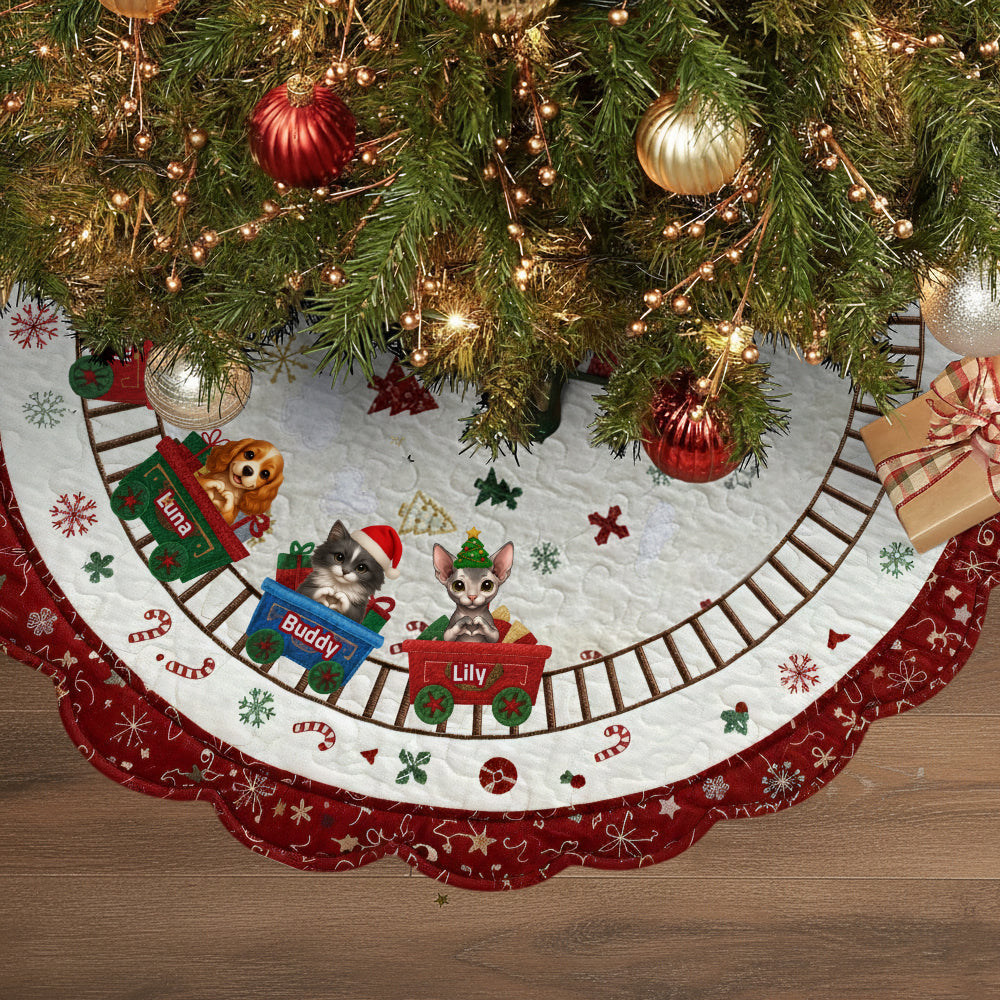 Cute Dog And Cat Christmas Train - Personalized Dog Shaped Tree Skirt
