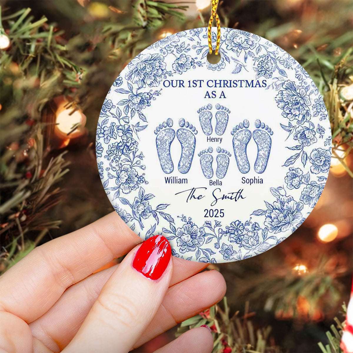 Our First Christmas - Personalized Family Ceramic Circle Ornament