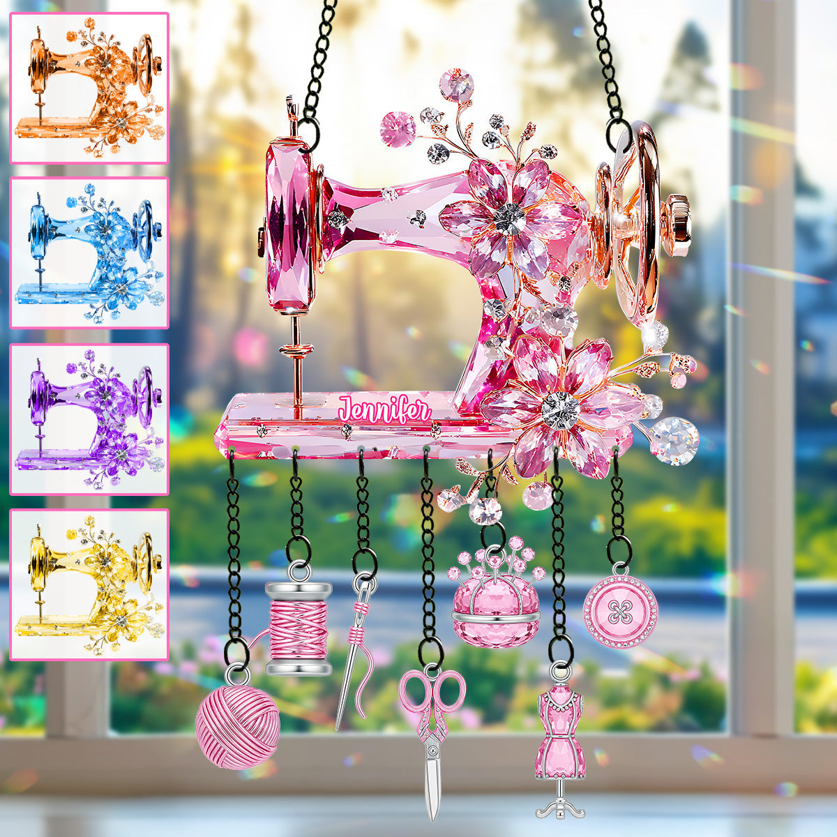 Beautiful Sewing Machine - Personalized Sewing Window Hanging Suncatcher With Charms