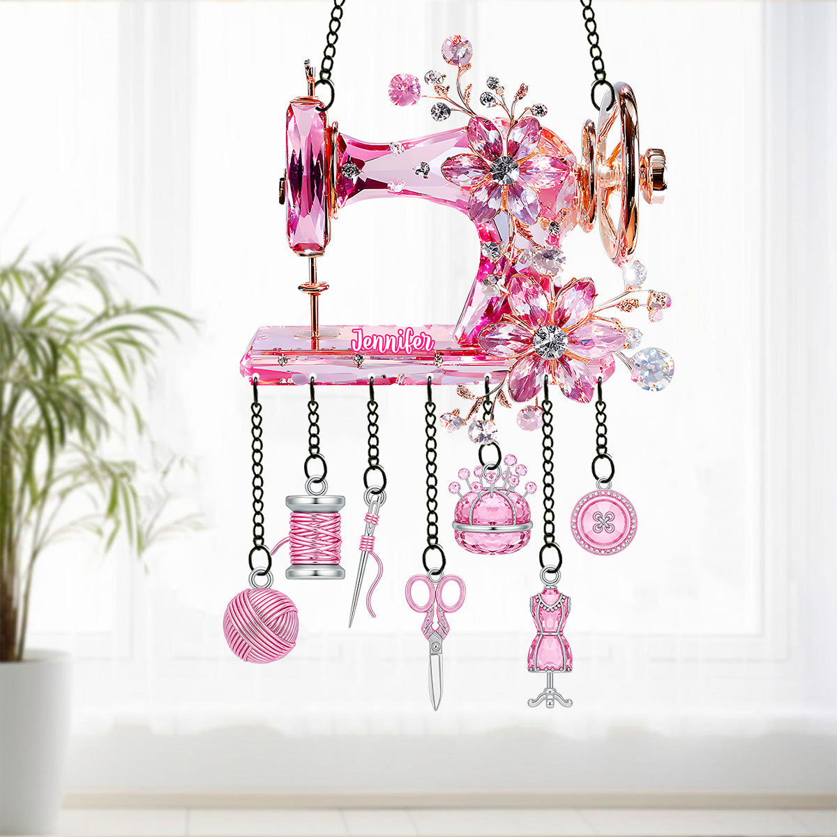 Beautiful Sewing Machine - Personalized Sewing Window Hanging Suncatcher With Charms