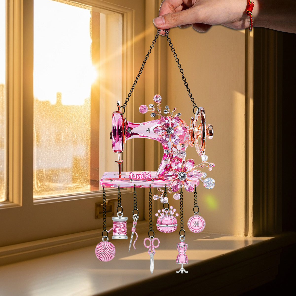 Beautiful Sewing Machine - Personalized Sewing Window Hanging Suncatcher With Charms