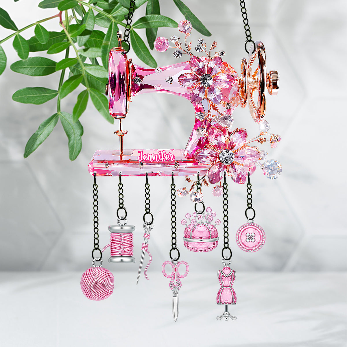 Beautiful Sewing Machine - Personalized Sewing Window Hanging Suncatcher With Charms