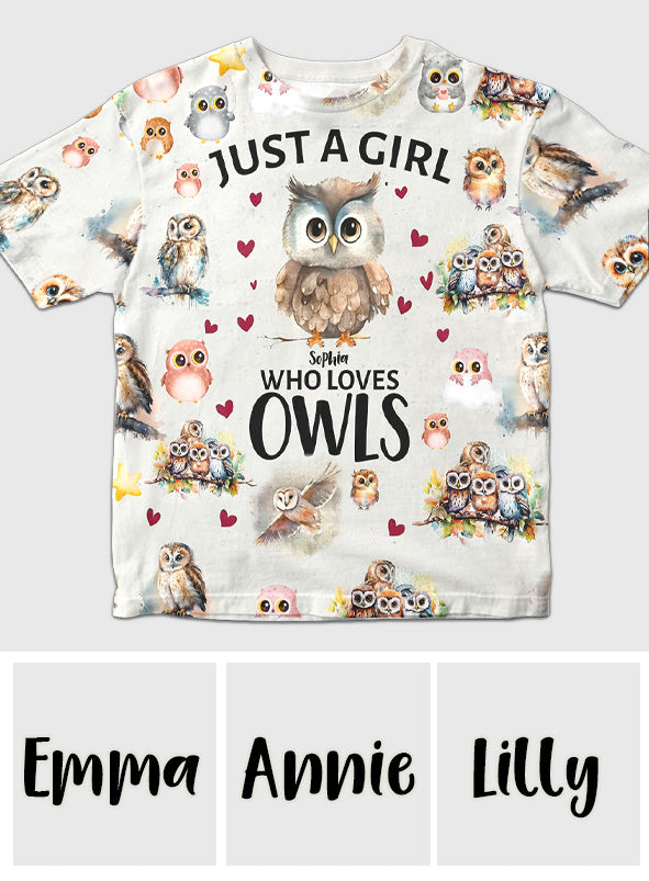 Just A Girl Who Loves Owls - Personalized Owl All Over Shirt