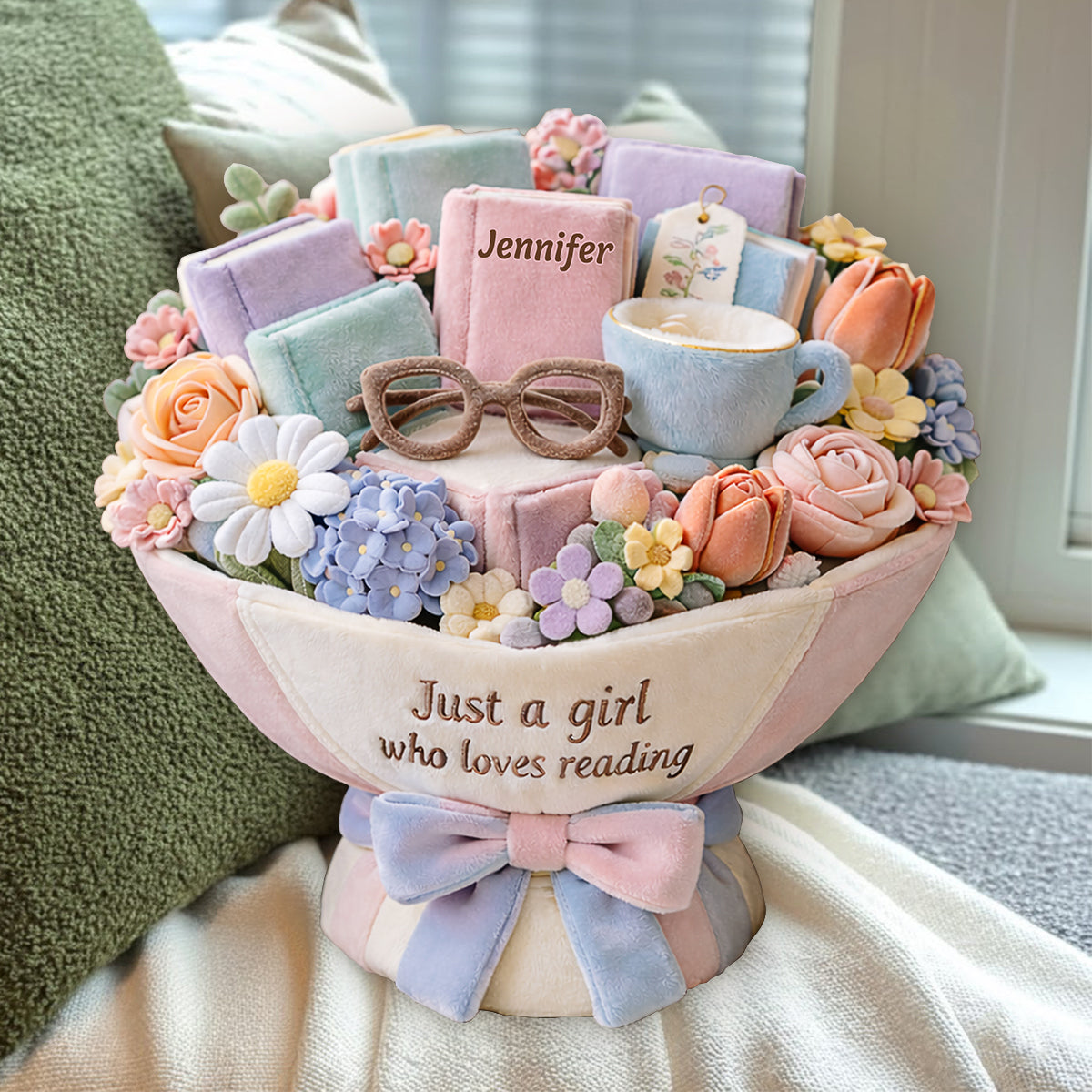 Just A Girl Who Loves Reading Plush Bouquet - Personalized Book Premium Faux Fur Pillow
