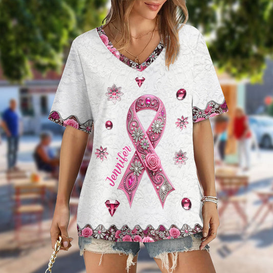 Breast Cancer Awareness - Personalized Breast Cancer Awareness Fully Printed V-Neck T-Shirt