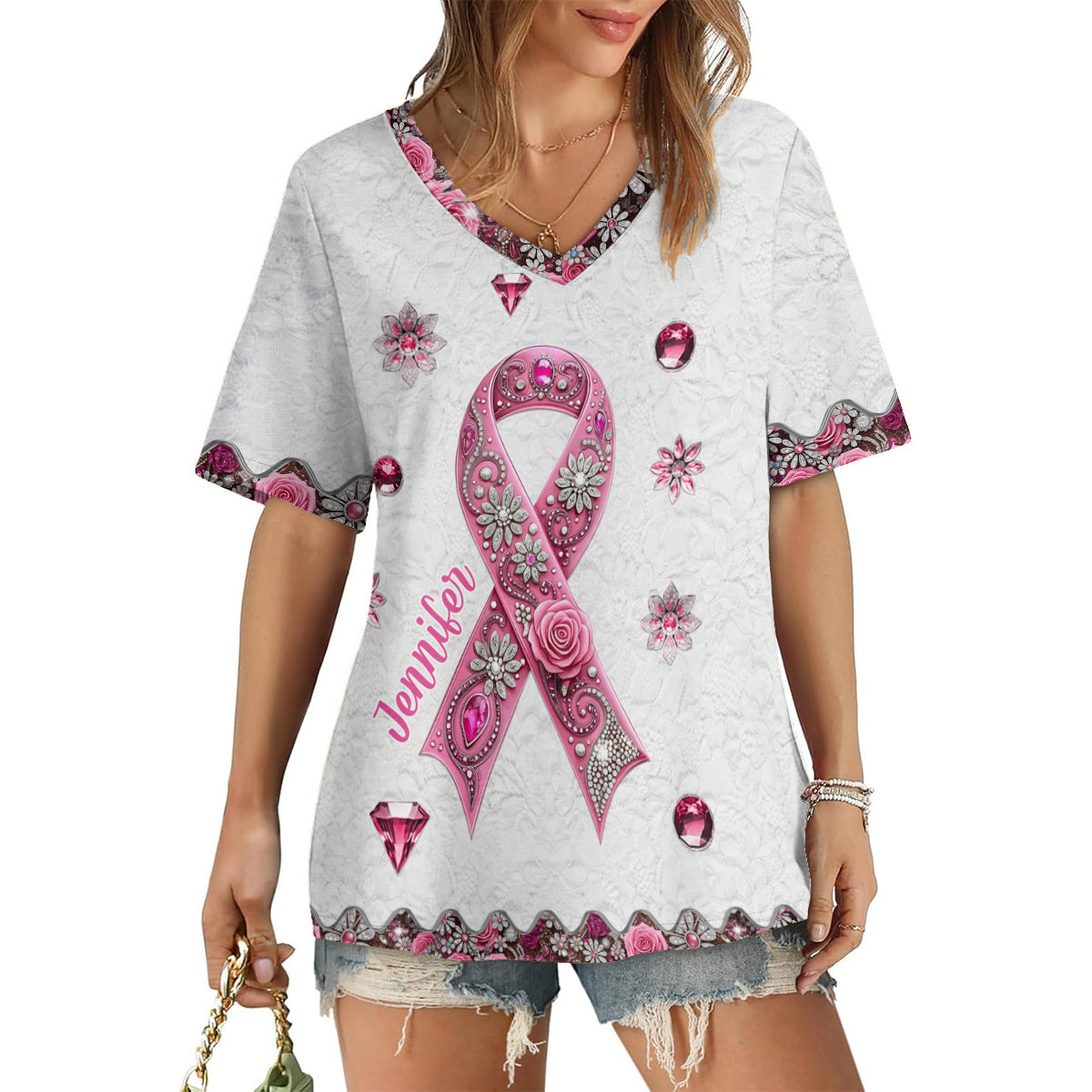 Breast Cancer Awareness - Personalized Breast Cancer Awareness Fully Printed V-Neck T-Shirt