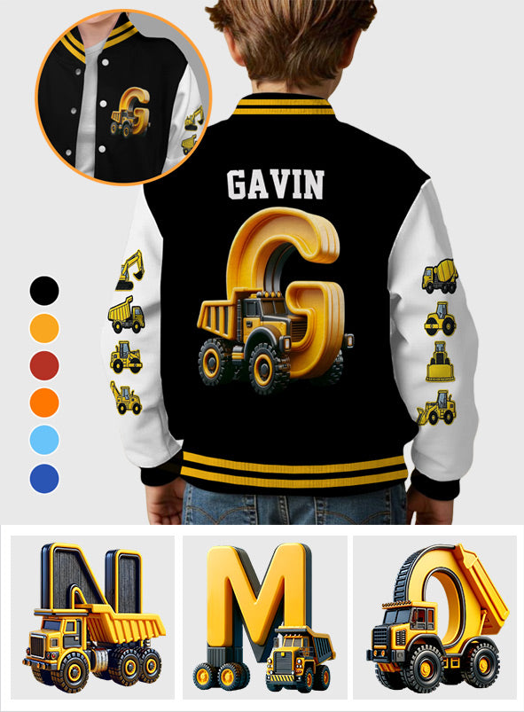 Initial Construction Vehicles For Boys And Girls - Personalized Kid Varsity Jacket