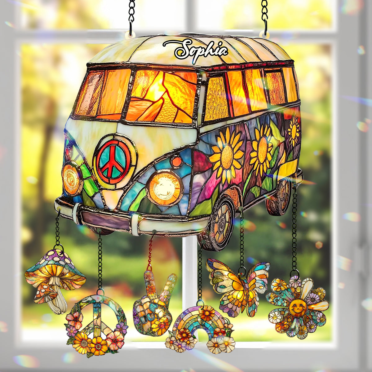 Hippie Caravan - Personalized Hippie Window Hanging Suncatcher With Charms