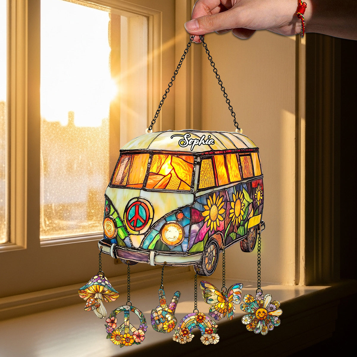 Hippie Caravan - Personalized Hippie Window Hanging Suncatcher With Charms