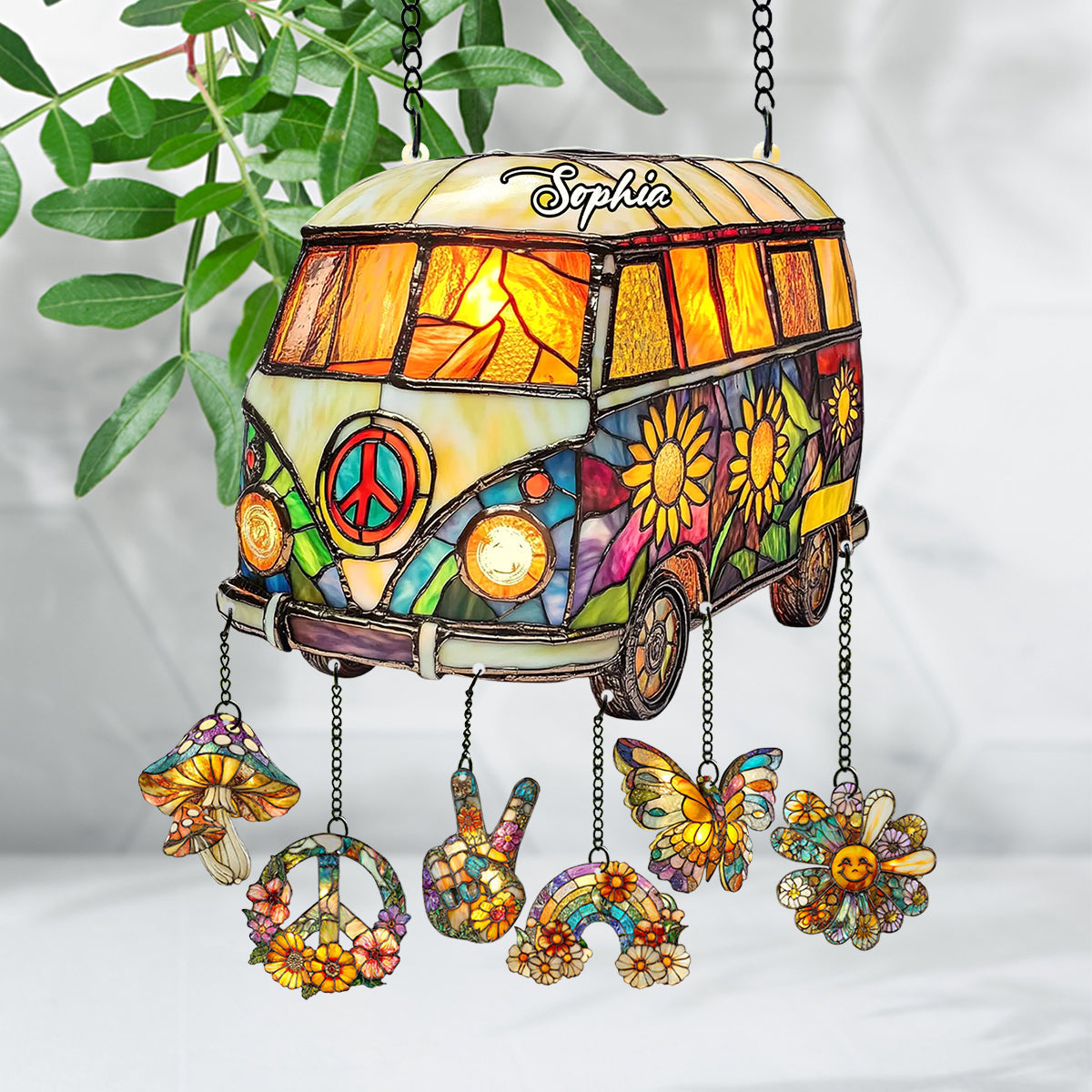 Hippie Caravan - Personalized Hippie Window Hanging Suncatcher With Charms