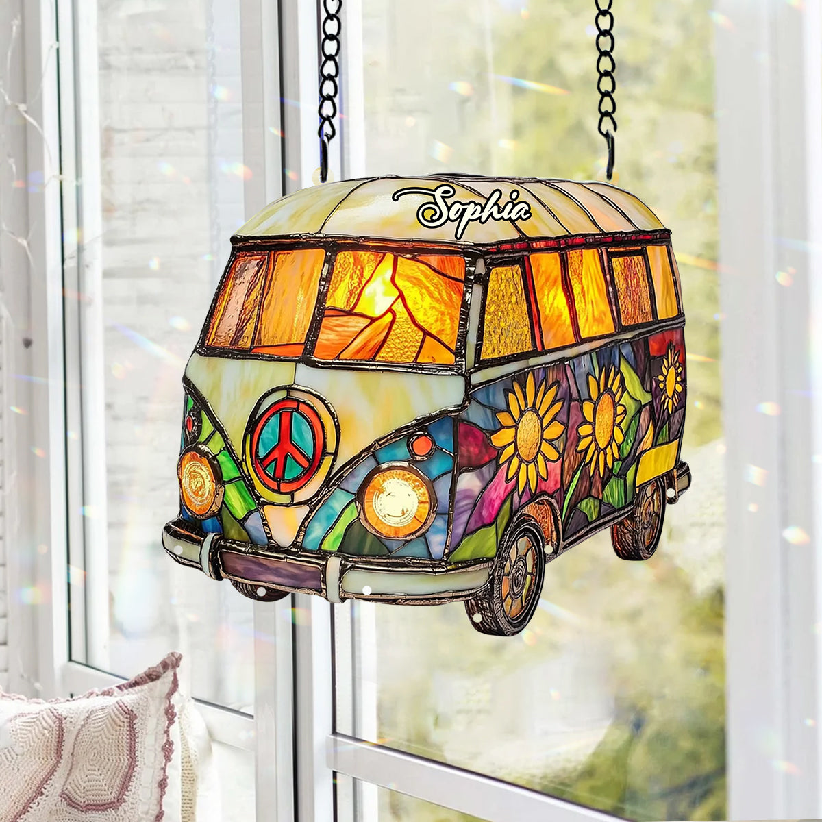Hippie Caravan - Personalized Hippie Window Hanging Suncatcher With Charms
