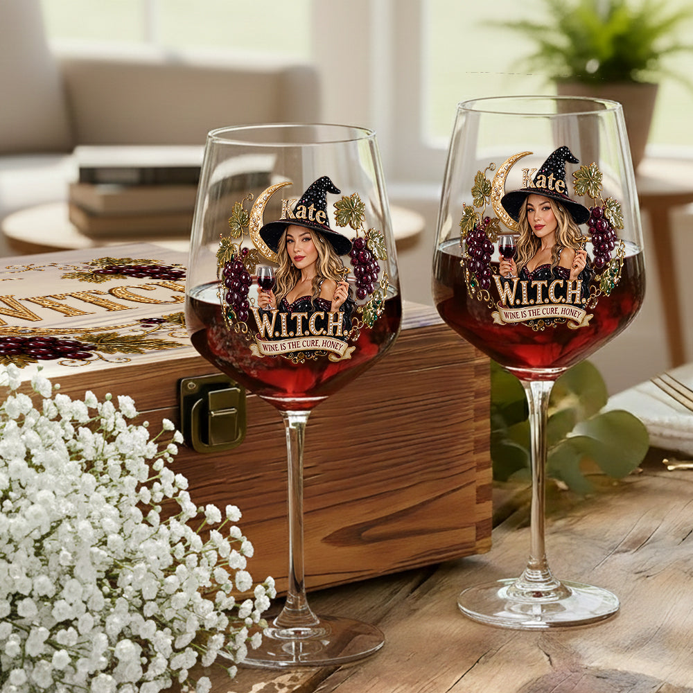 Wine Is The Cure - Personalized Witch Wine Glasses Set With Wooden Box
