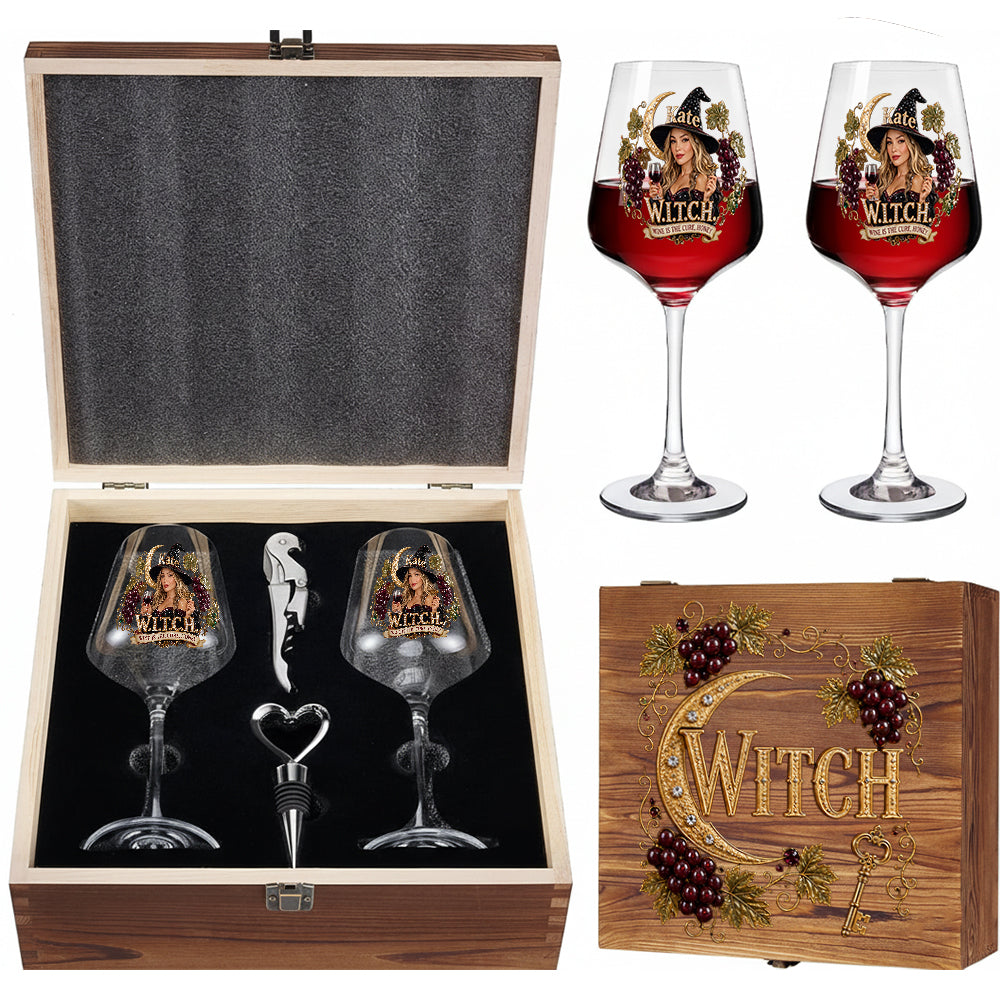 Wine Is The Cure - Personalized Witch Wine Glasses Set With Wooden Box
