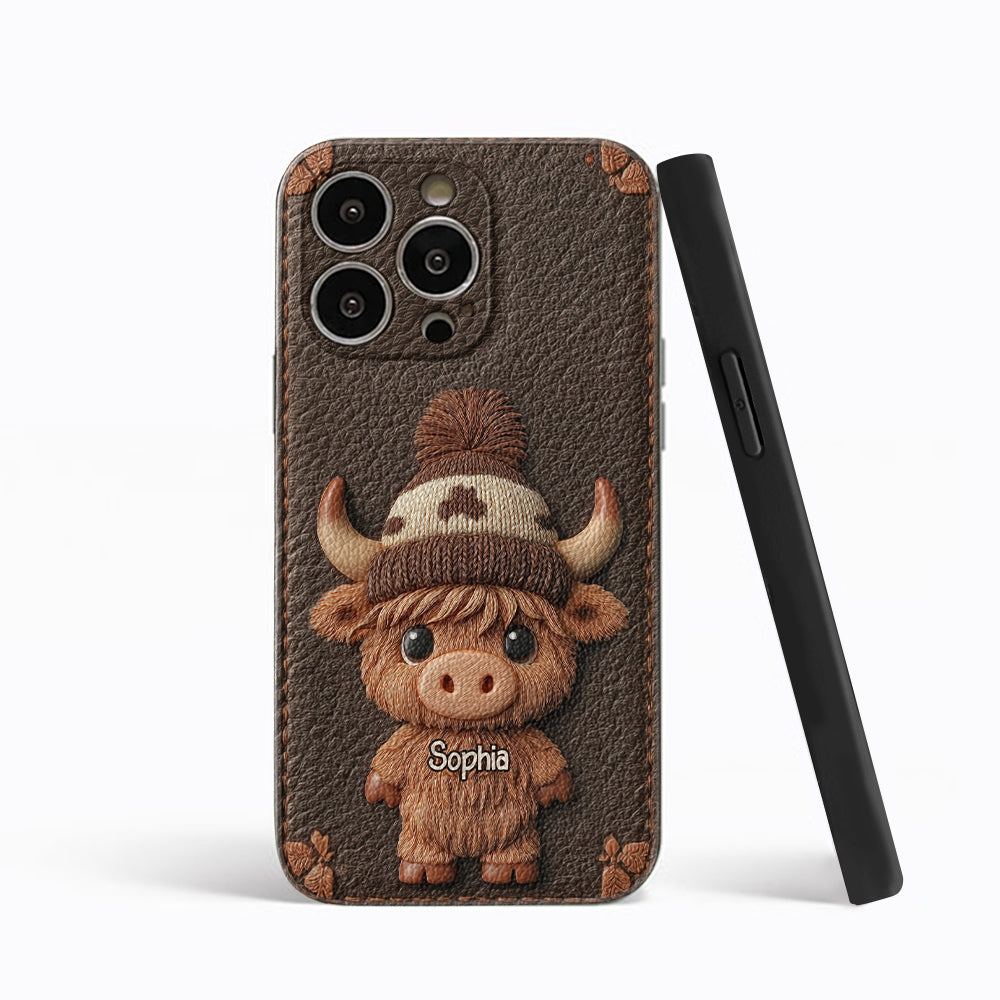 Love Highland Cows - Personalized Highland Cow Leather Phone Case