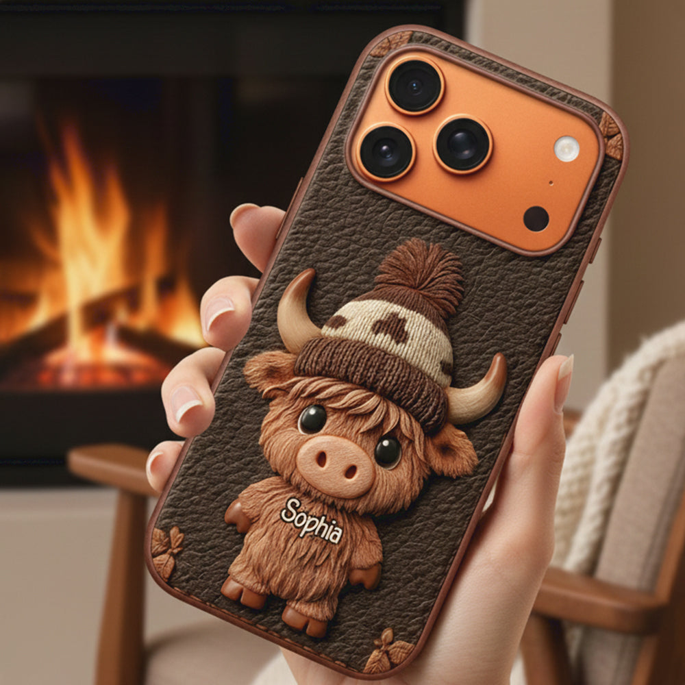Love Highland Cows - Personalized Highland Cow Leather Phone Case