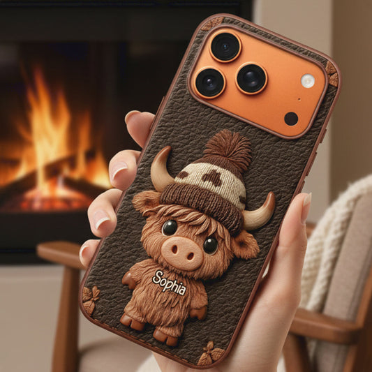 Love Highland Cows - Personalized Highland Cow Leather Phone Case