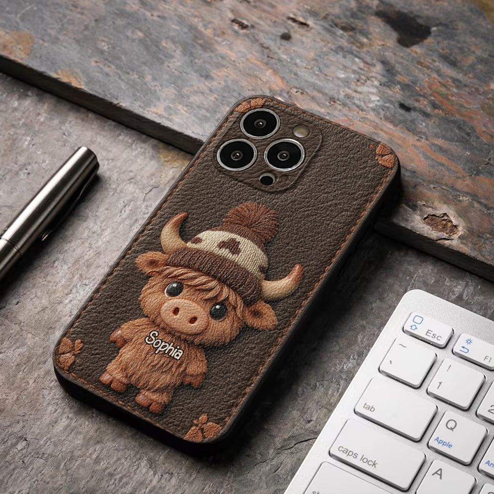 Love Highland Cows - Personalized Highland Cow Leather Phone Case