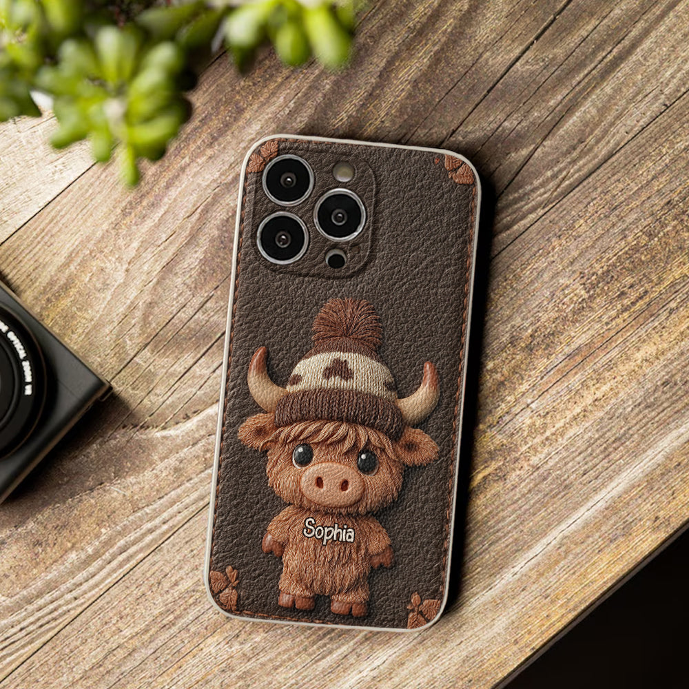 Love Highland Cows - Personalized Highland Cow Leather Phone Case