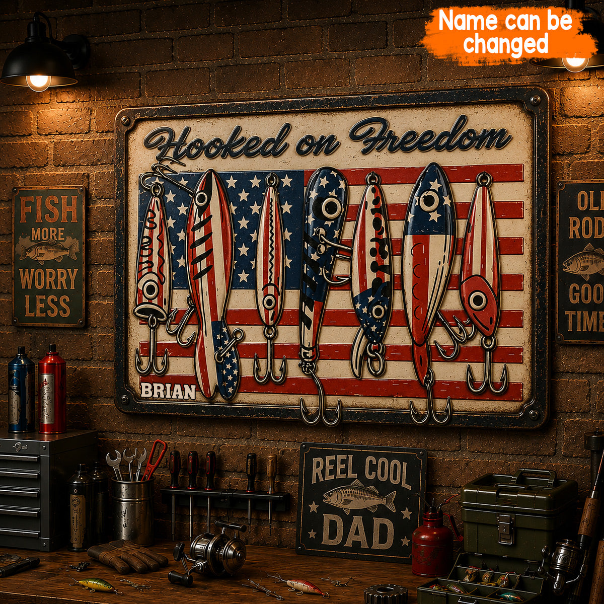 Patriotic Fishing Rod USA Flag - Personalized Fishing 3D Printed Cut Metal Sign
